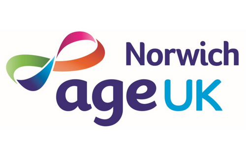 Age UK Norwich with multicoloured ribbon logo on a white background